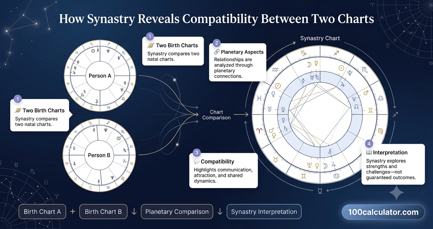 Two individual birth chart wheels overlapping to form a synastry compatibility chart between two people
