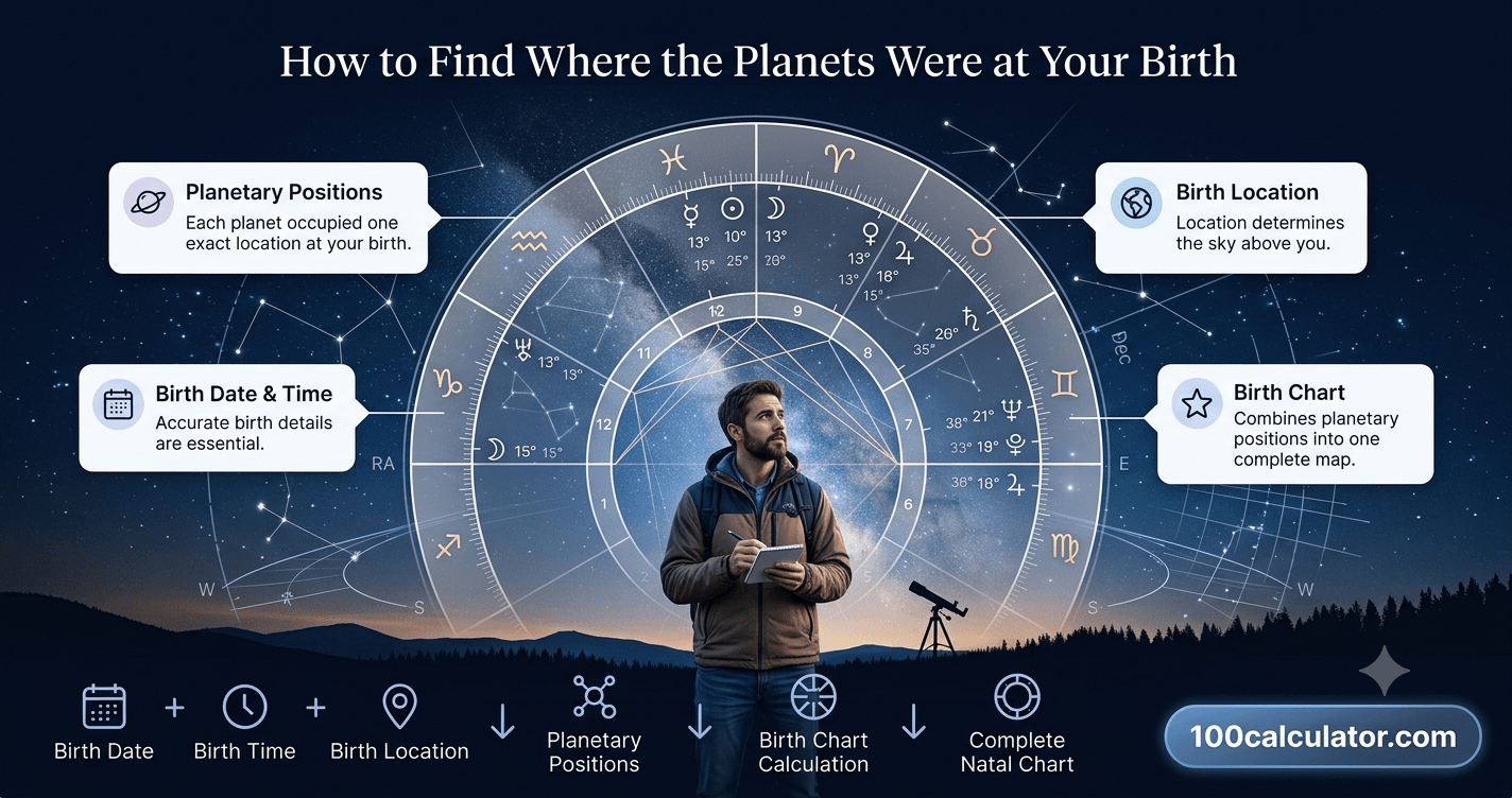 Birth chart wheel with zodiac signs and planets overlaid on a starry night sky, representing how to find planetary positions at birth