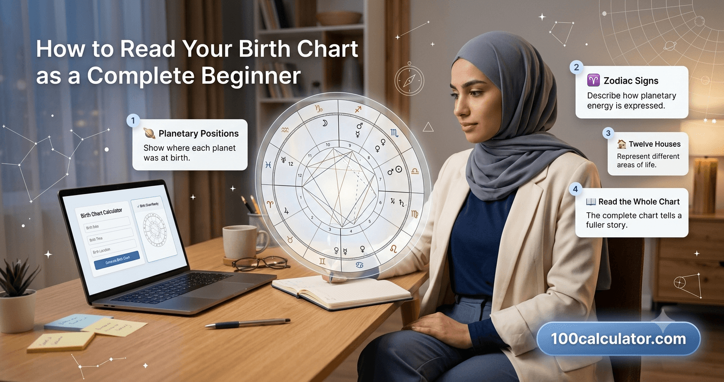 Person reading their birth chart wheel showing zodiac signs, houses, and planet symbols