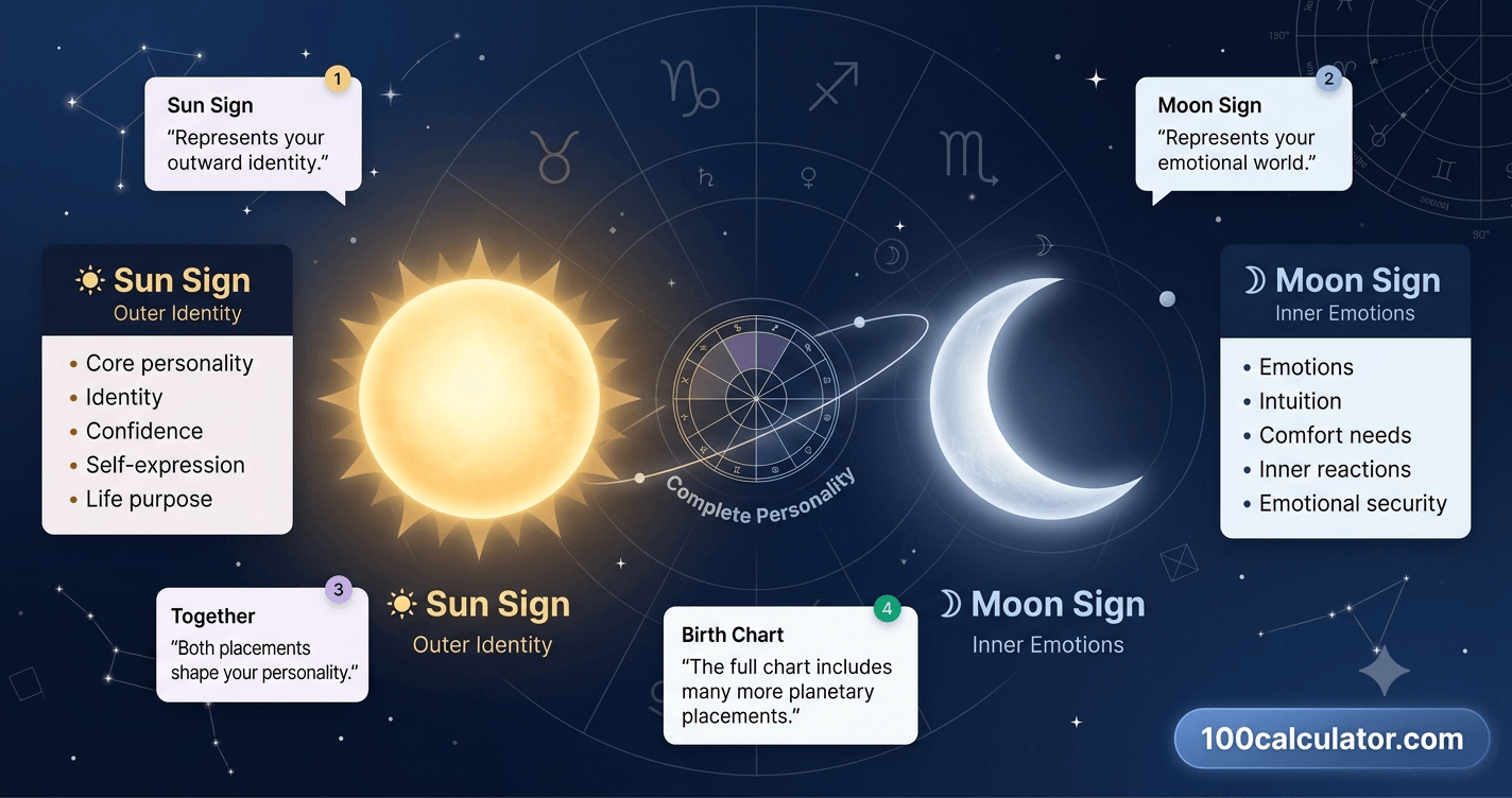 Sun and moon symbols side by side against a starry sky, representing the difference between a sun sign and a moon sign in astrology