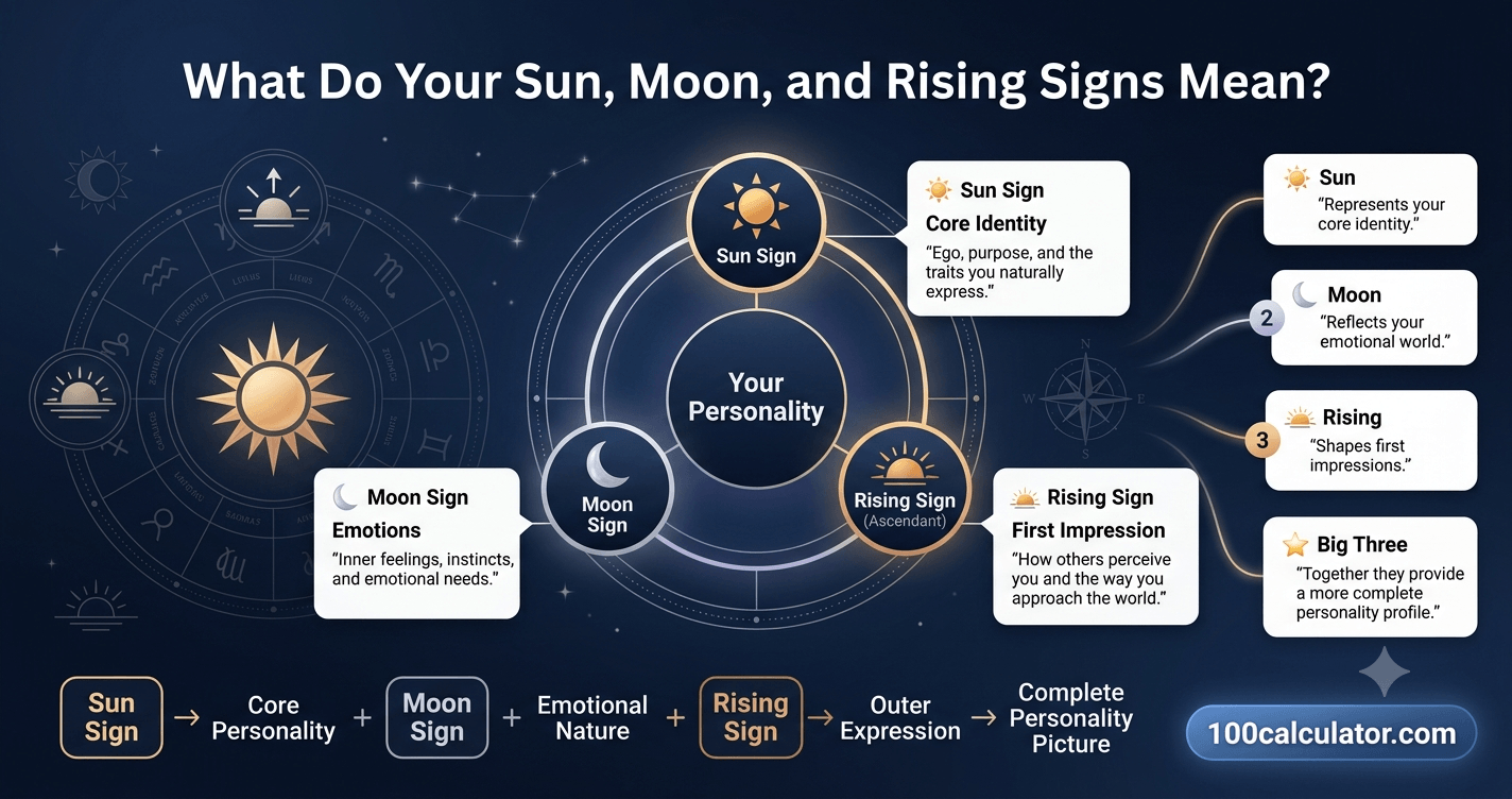 Illustration of the Sun, Moon, and Rising sign symbols representing the astrological big three