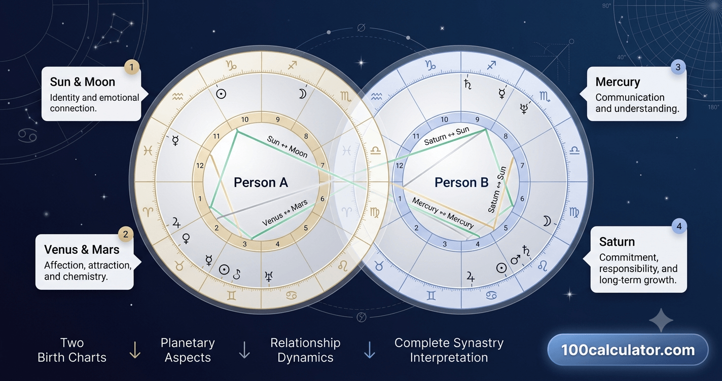 Two overlapping birth chart wheels with connecting lines between planets, representing a synastry compatibility comparison