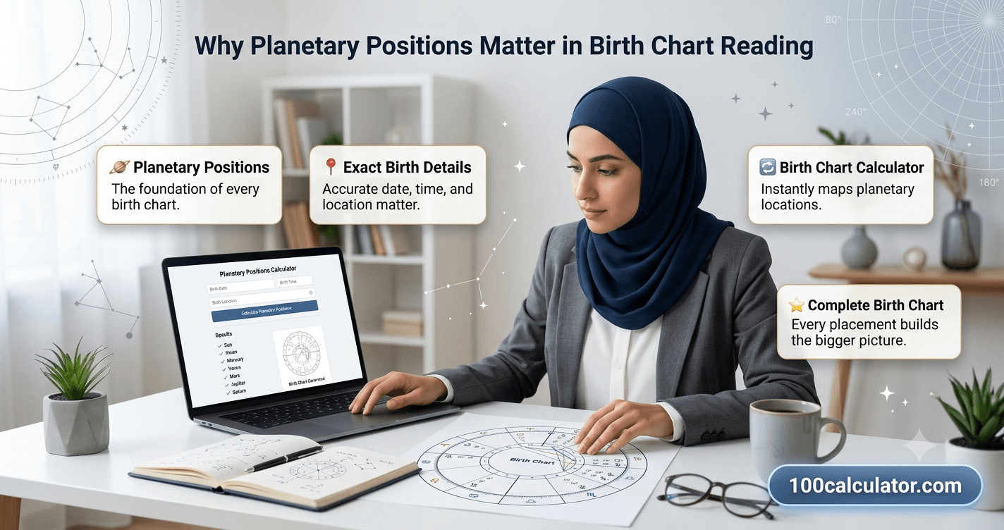 Circular birth chart wheel showing zodiac signs and planet symbols used to read planetary positions