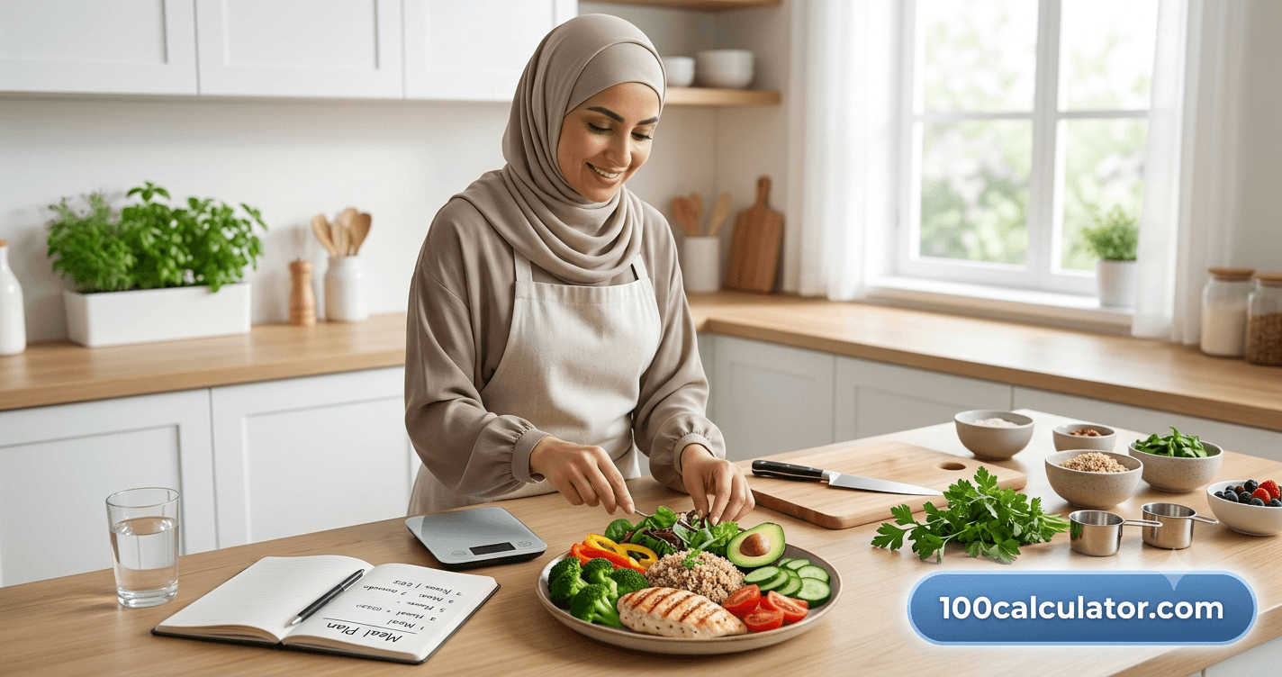 Woman preparing a balanced, protein-rich plate of food as part of a sustainable PCOS calorie deficit plan