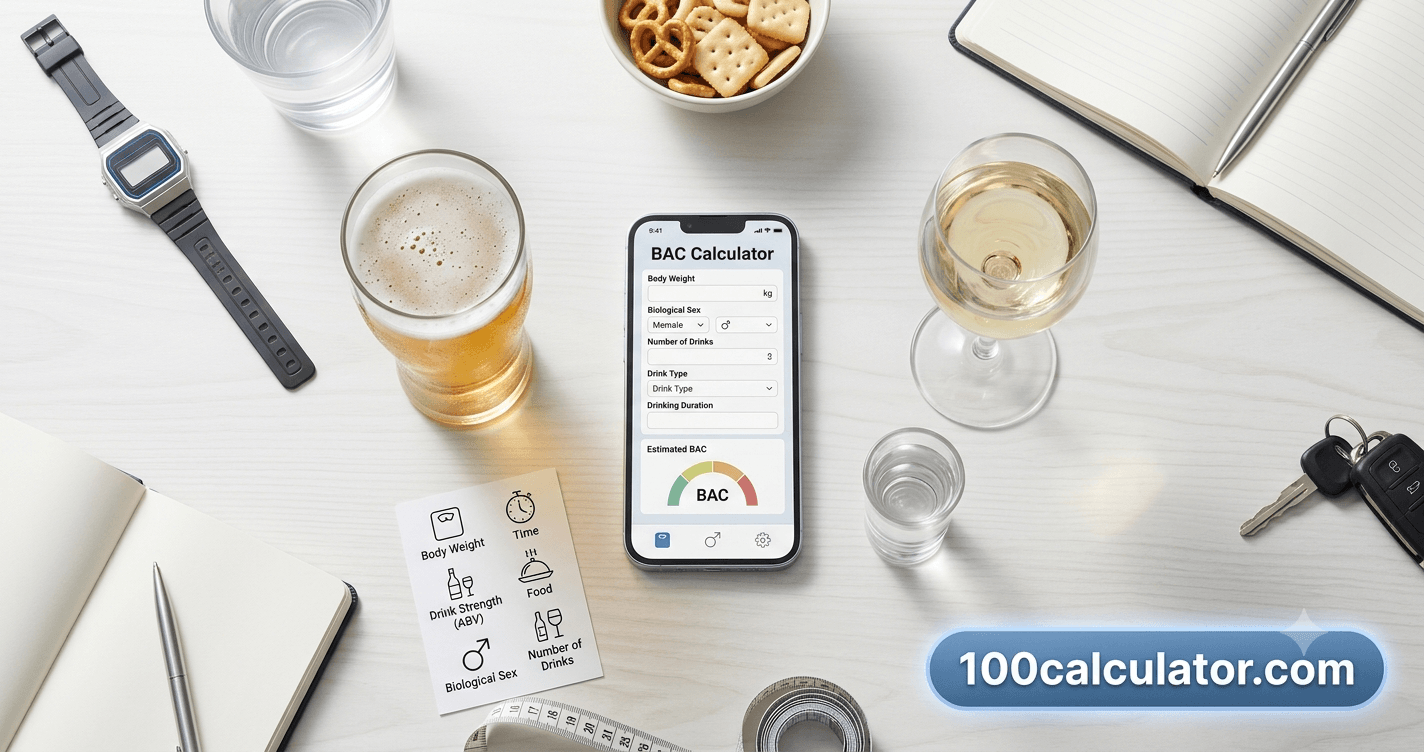 Beer, wine, and spirits arranged next to a smartphone showing a BAC calculator, representing the factors that shape blood alcohol concentration