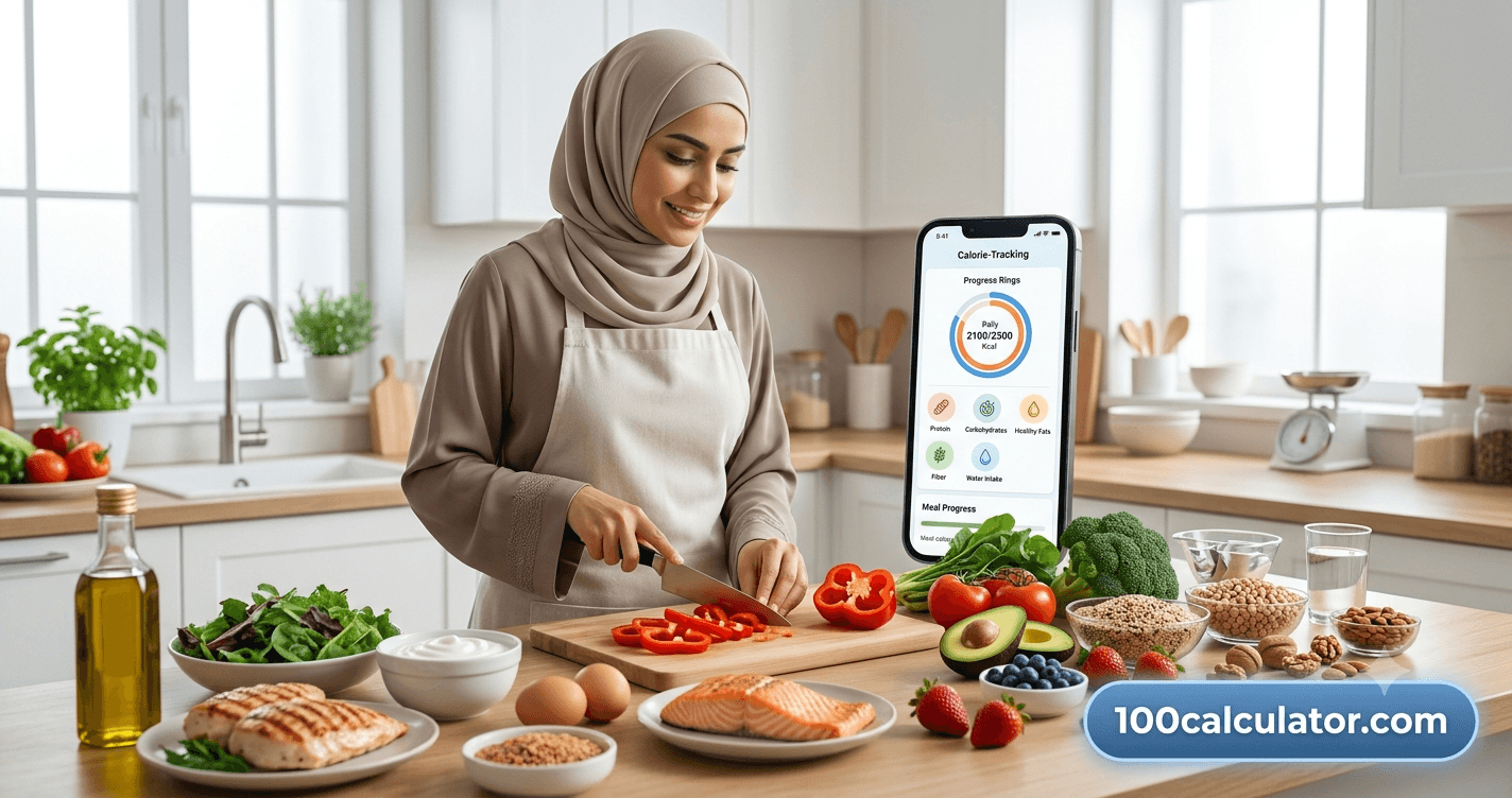 Woman preparing a protein-rich, PCOS-friendly meal while checking a calorie-tracking app on her phone