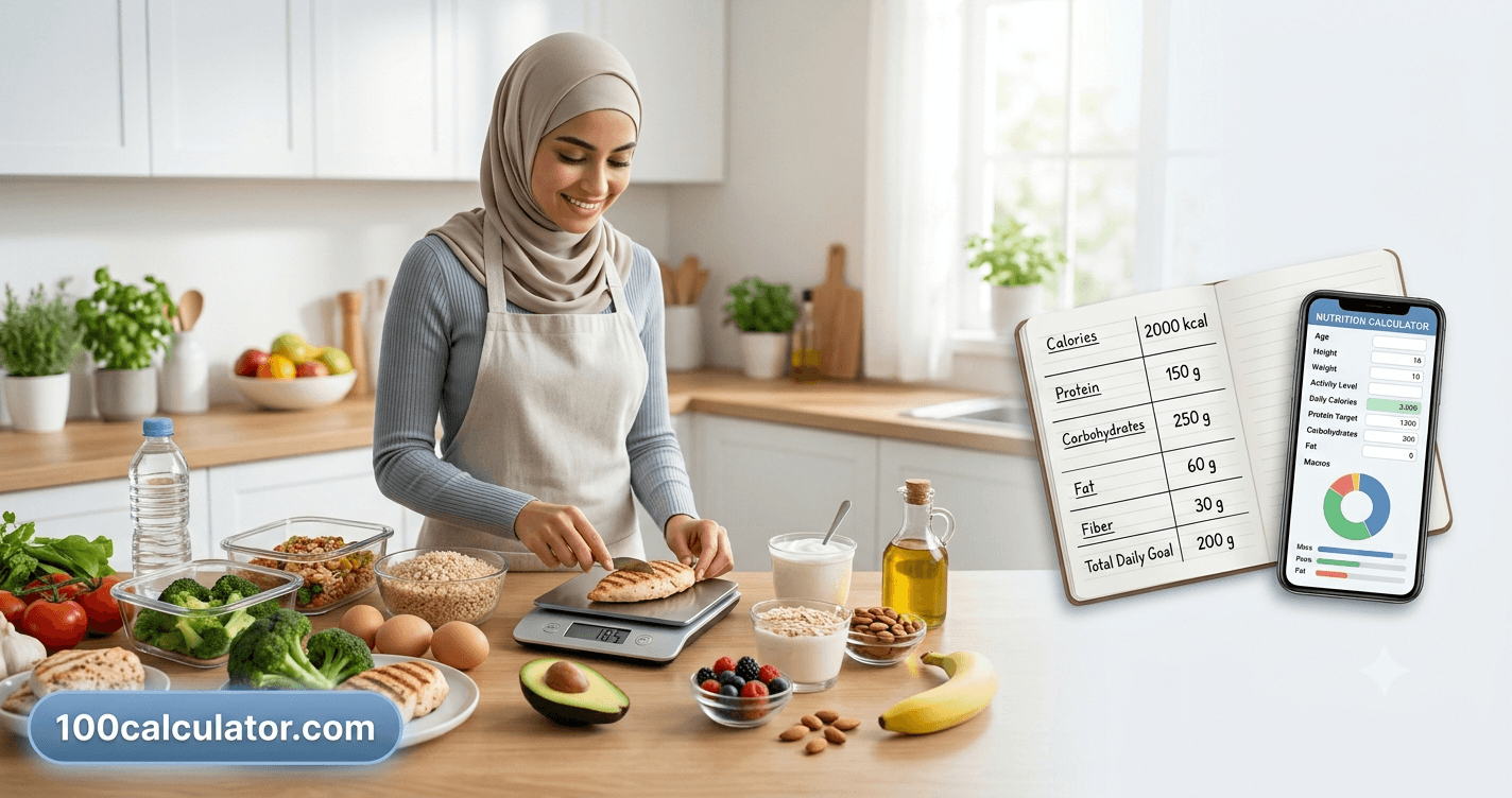Person measuring food on a digital kitchen scale next to a notebook and a macro calculator app on a phone