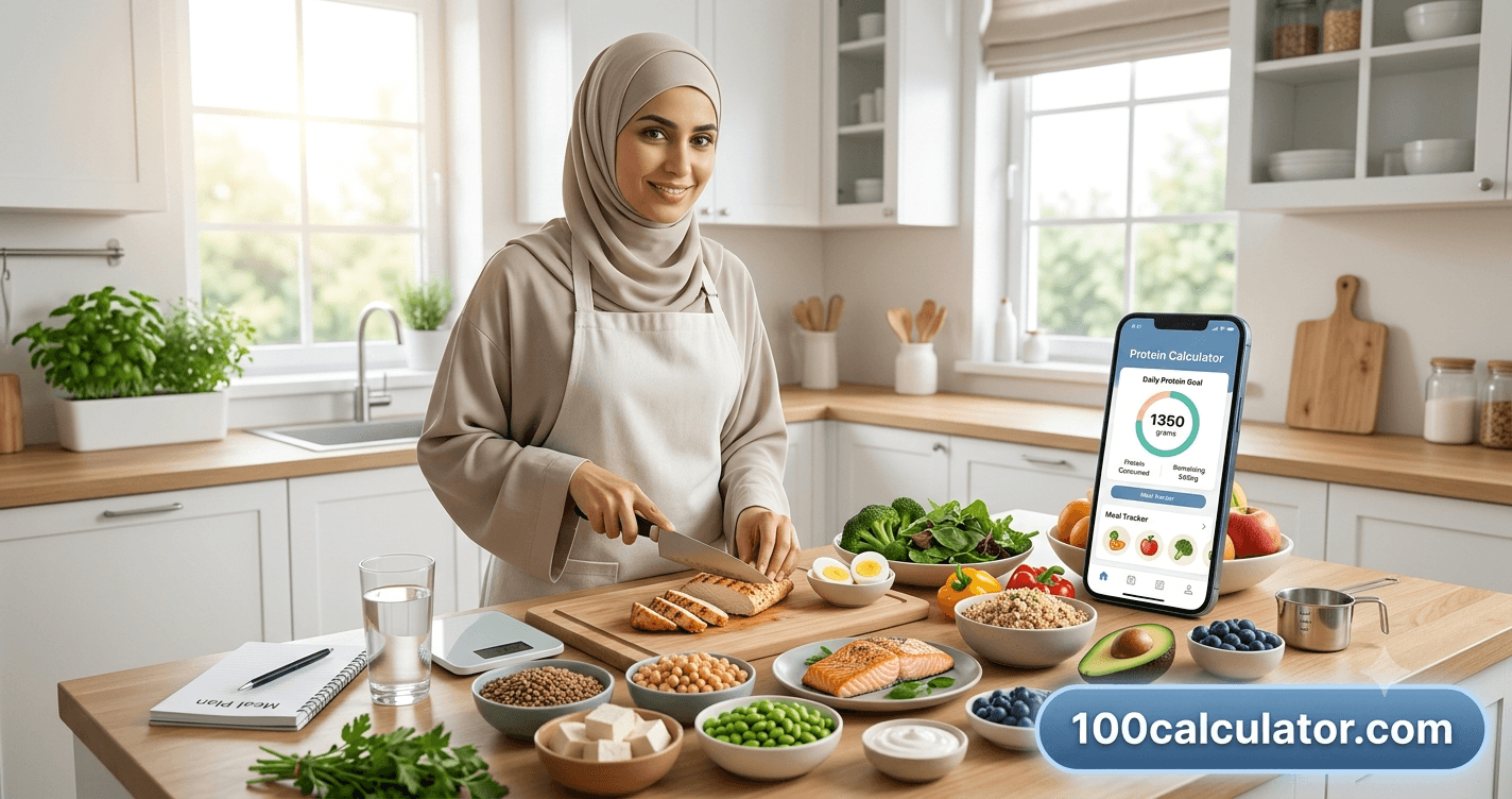 Person preparing a high-protein meal of chicken and eggs while checking a protein calculator app on their phone