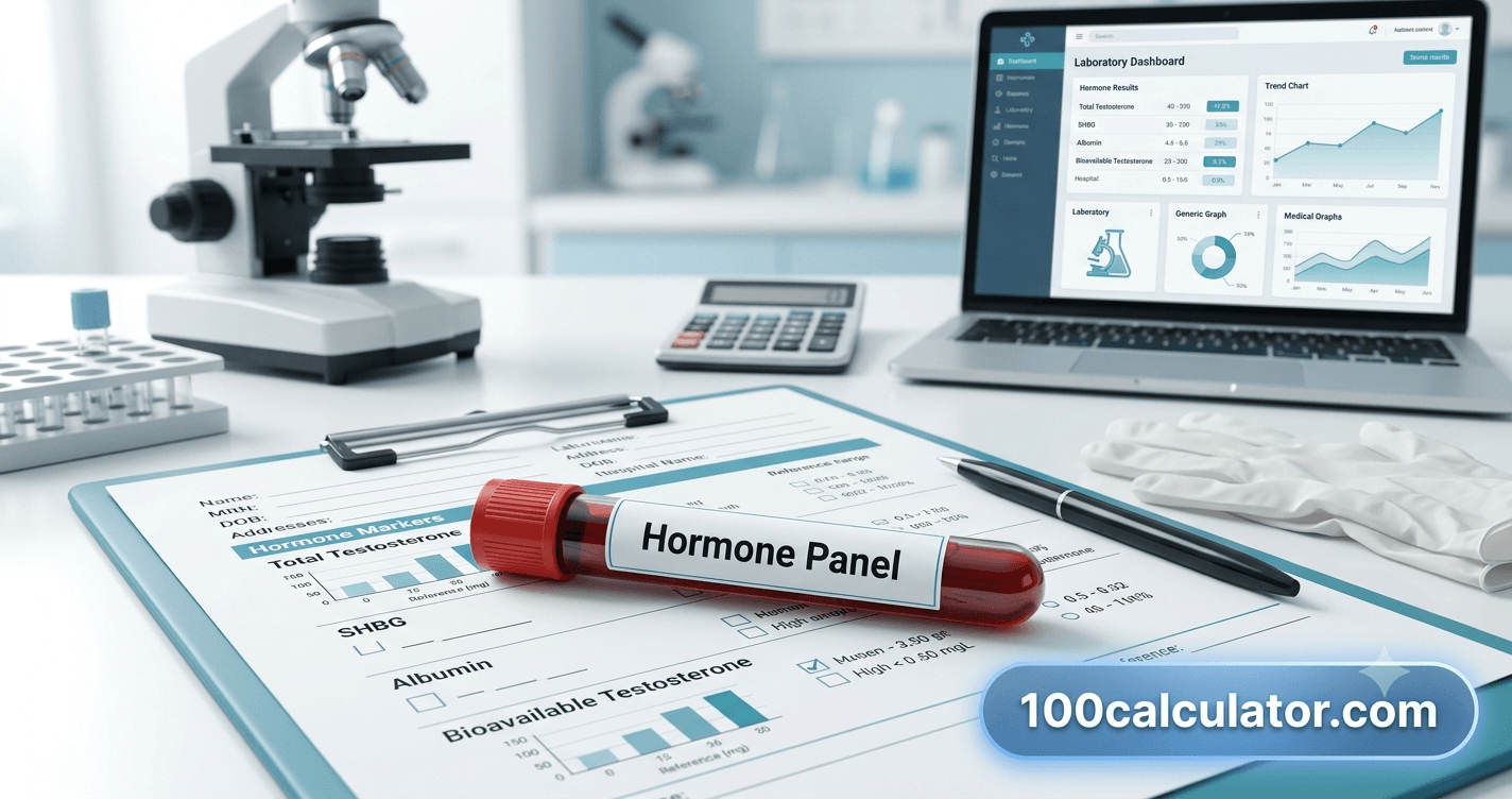 Blood test vial and lab report representing a bioavailable testosterone panel