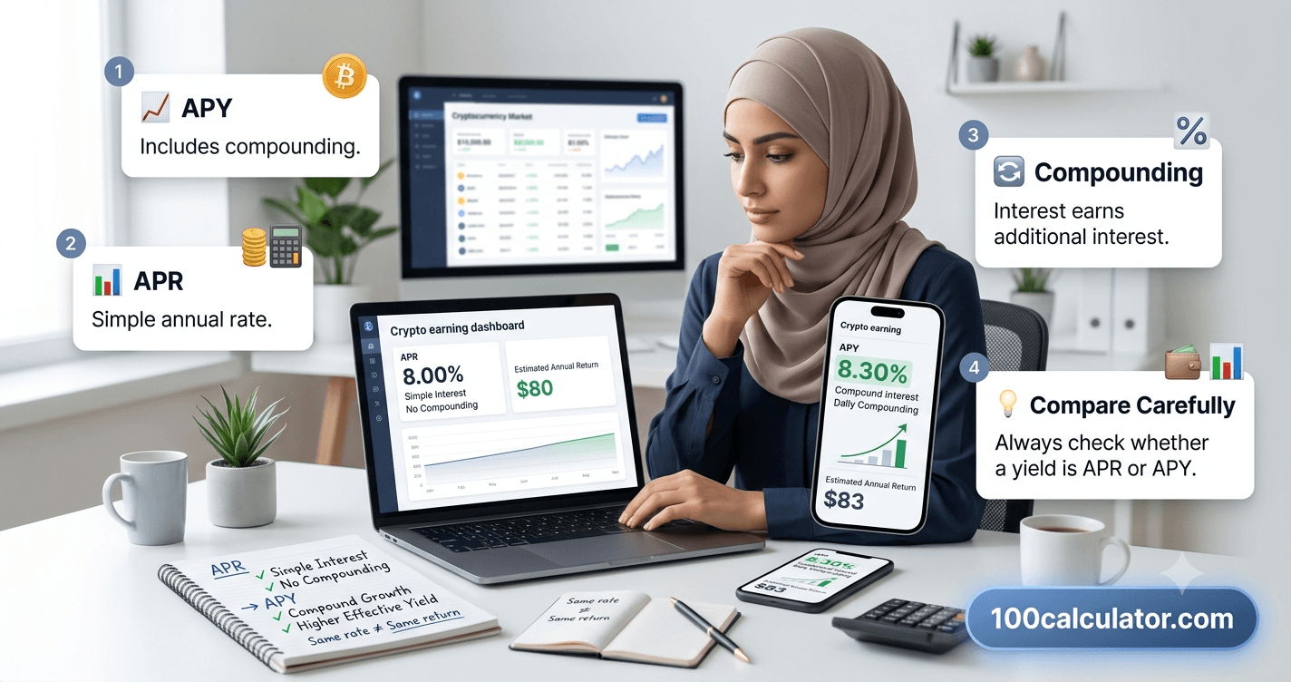 Comparing APY and APR crypto yield offers side by side on a laptop and phone