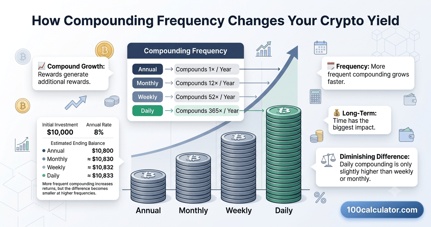 Stacks of cryptocurrency coins growing taller next to a rising compounding yield curve, representing how compounding frequency affects crypto returns