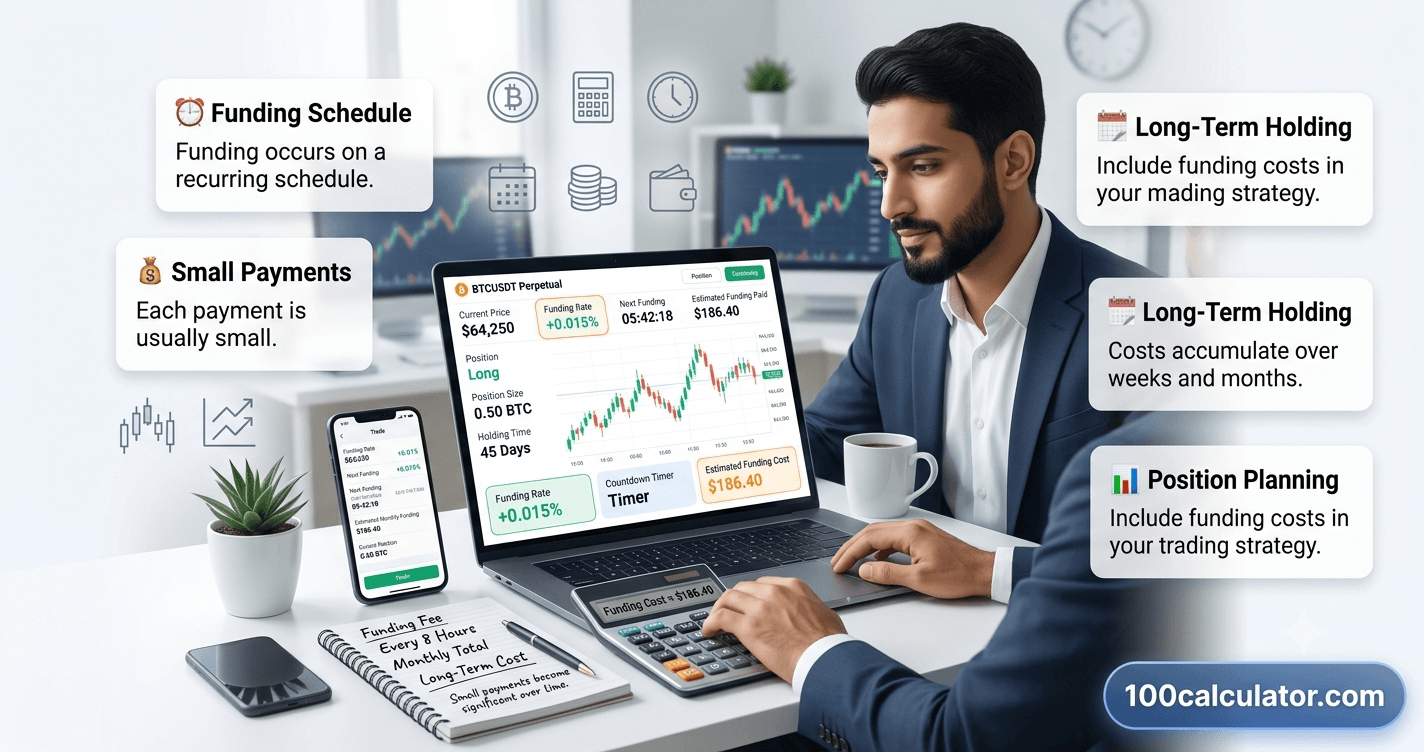 Trader reviewing a crypto perpetual futures funding countdown alongside a funding fee cost calculation