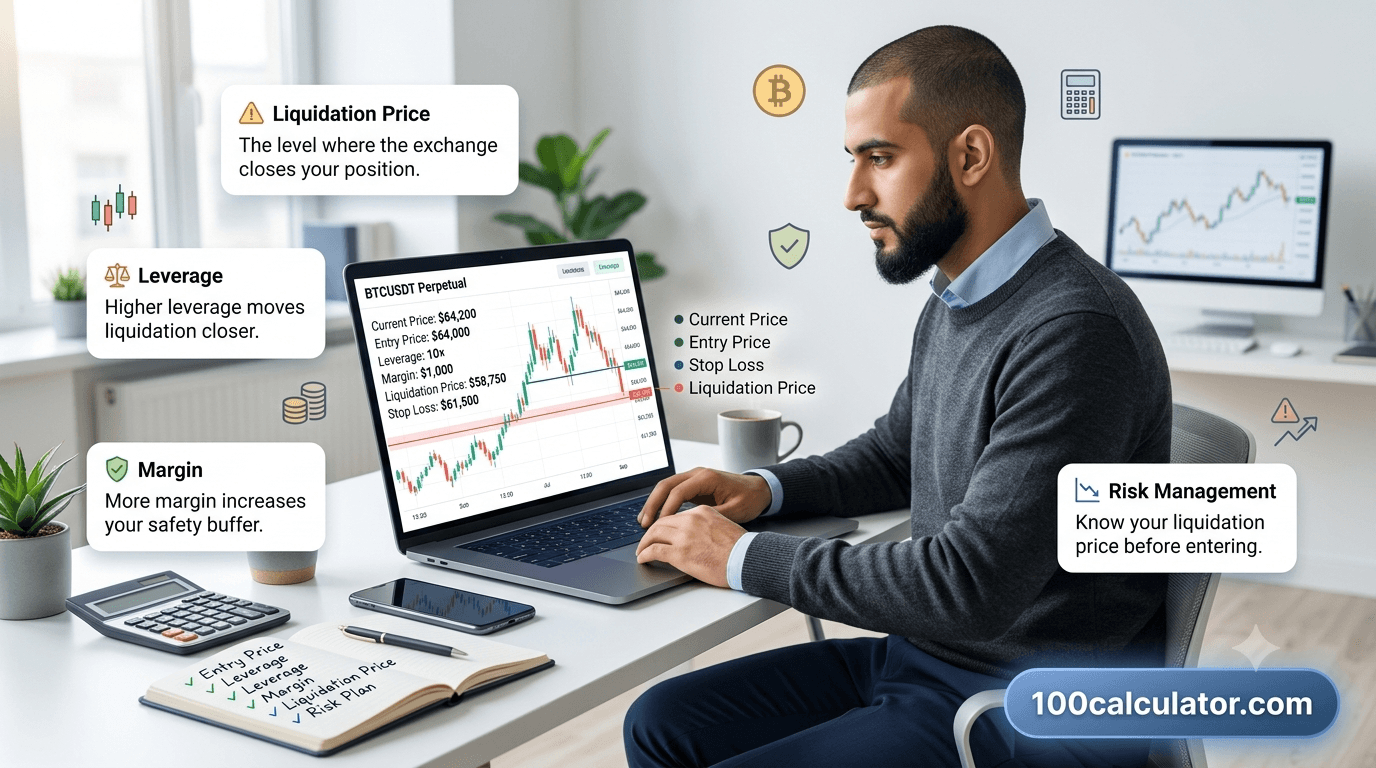 Trader monitoring a leveraged Bitcoin futures position with the liquidation price marked on a live price chart