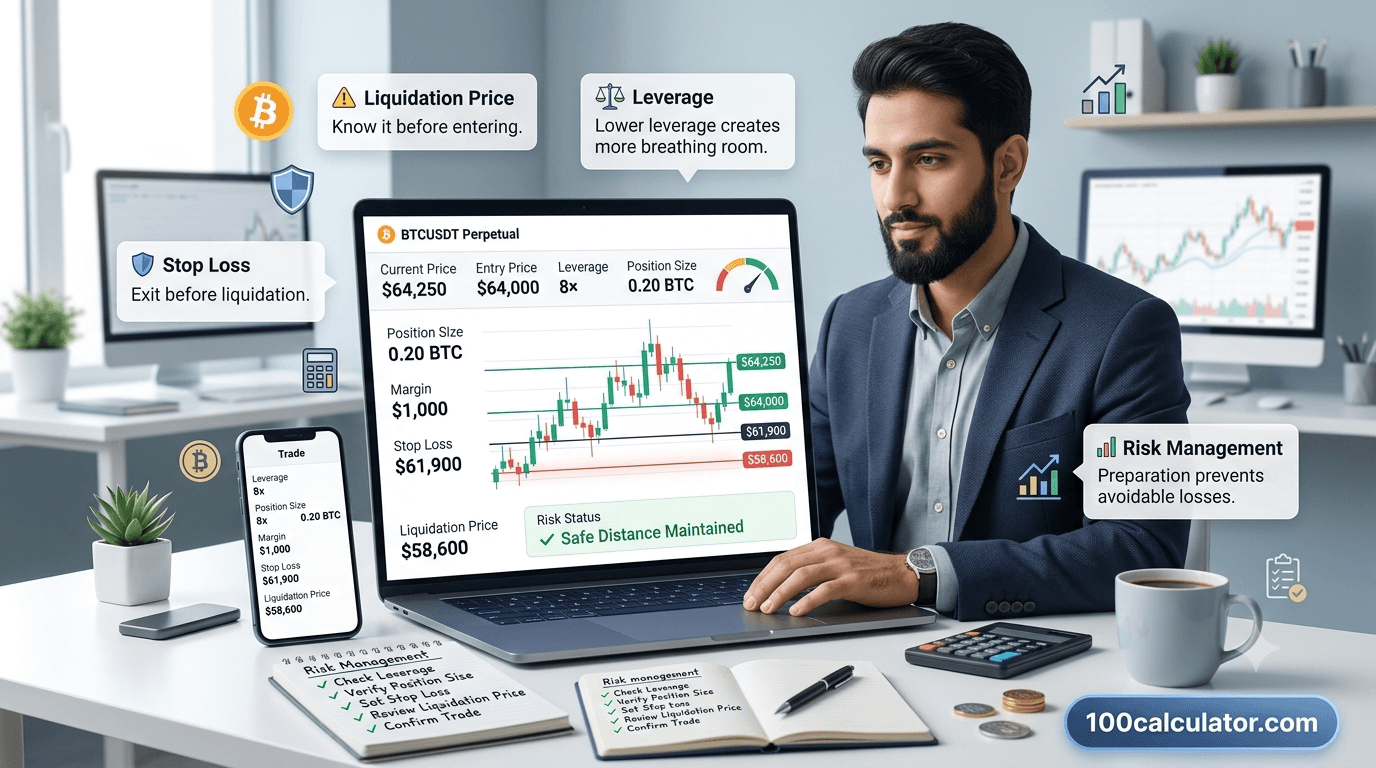 Trader reviewing a leveraged crypto futures position and its liquidation price warning on an exchange dashboard