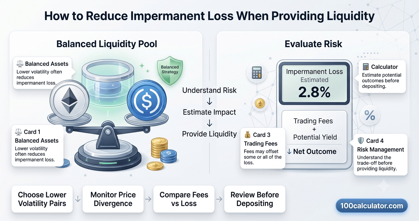 Two crypto coins balanced on a scale beside a calculator screen, representing how to reduce impermanent loss when providing liquidity