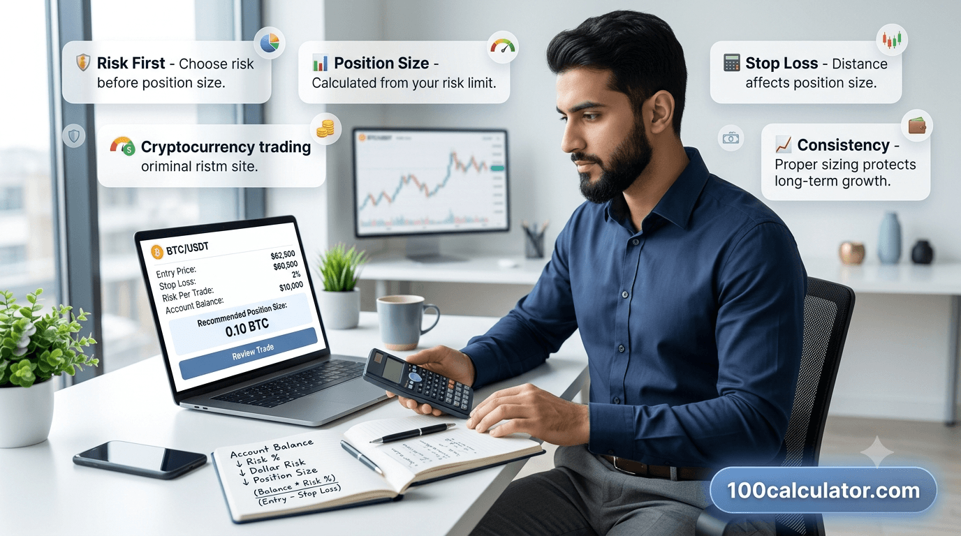 Trader reviewing crypto charts and calculating position size based on account risk tolerance