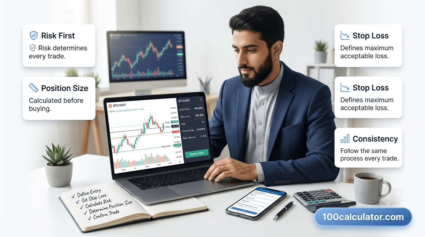 Trader calculating crypto position size on a laptop, with entry price and stop-loss levels marked on a candlestick chart