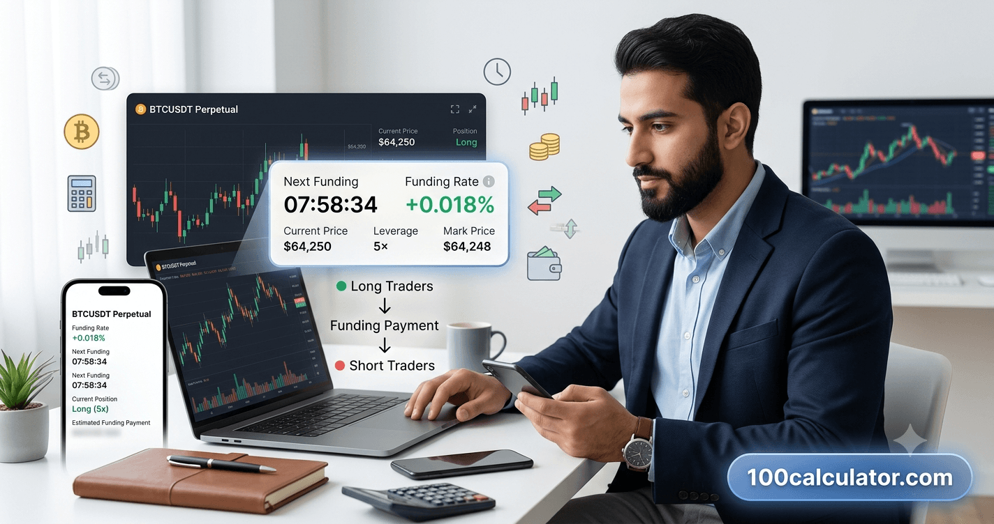 Crypto futures trading dashboard showing a funding rate panel and countdown to the next 8-hour settlement