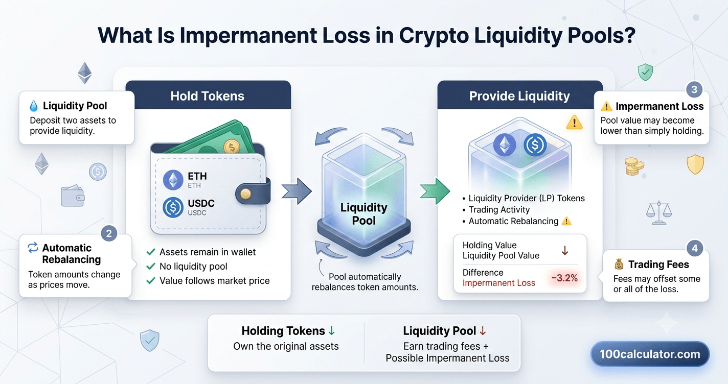 Illustration comparing a crypto wallet holding tokens directly versus the same tokens deposited into a liquidity pool