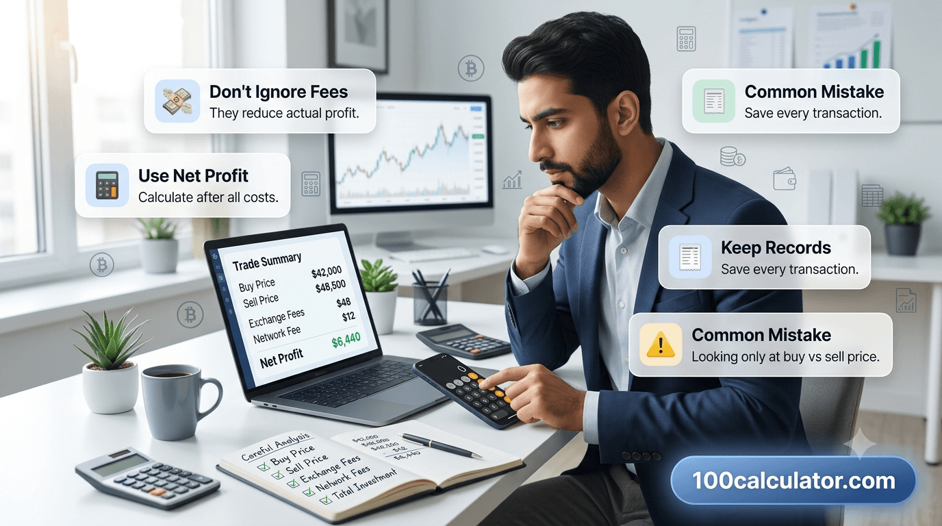 Crypto trader reviewing profit and loss numbers and calculating fees on a laptop next to a phone calculator app