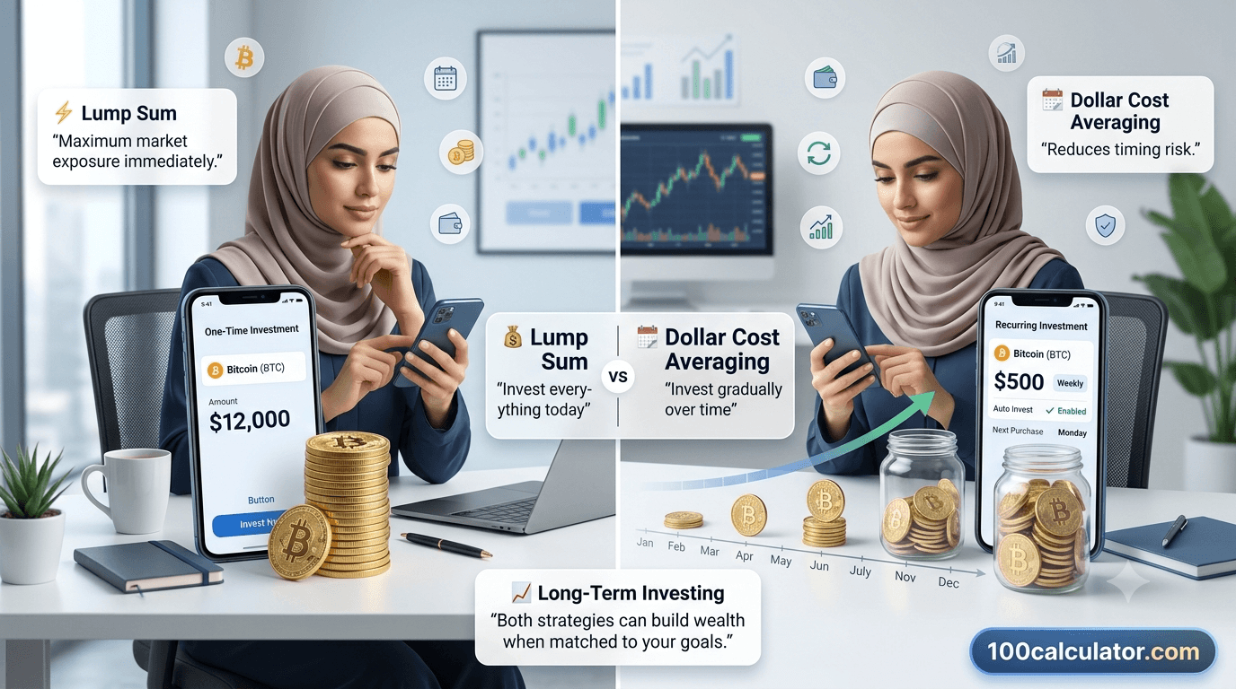Split illustration comparing investing a lump sum in crypto all at once against dollar-cost averaging the same amount over several months