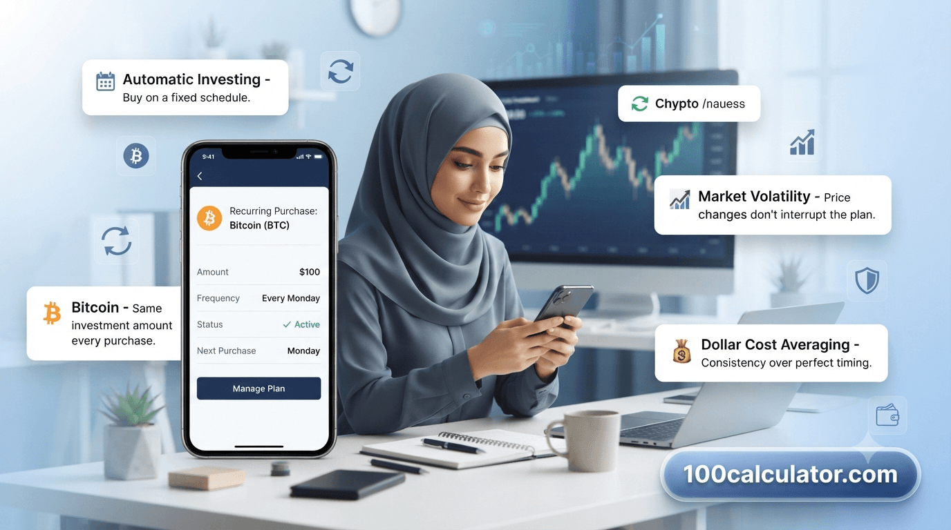 Phone screen showing a scheduled recurring Bitcoin purchase with a volatile crypto price chart in the background
