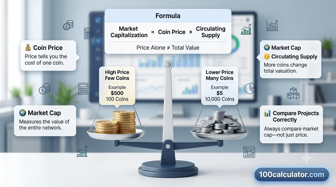 Illustration of a balance scale comparing a small pile of high-priced coins with a large pile of low-priced coins to represent total market value