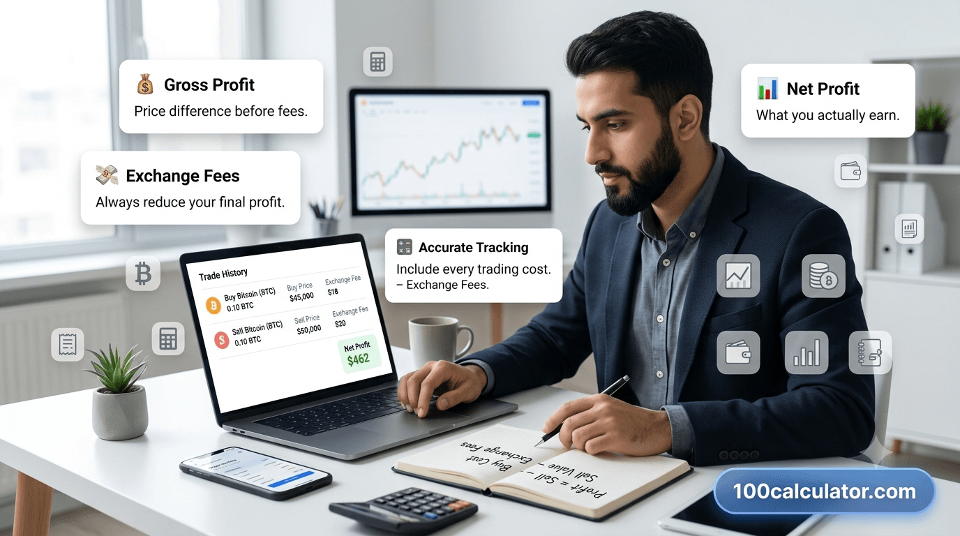 Person reviewing crypto trade history and calculating net profit after exchange fees on a laptop