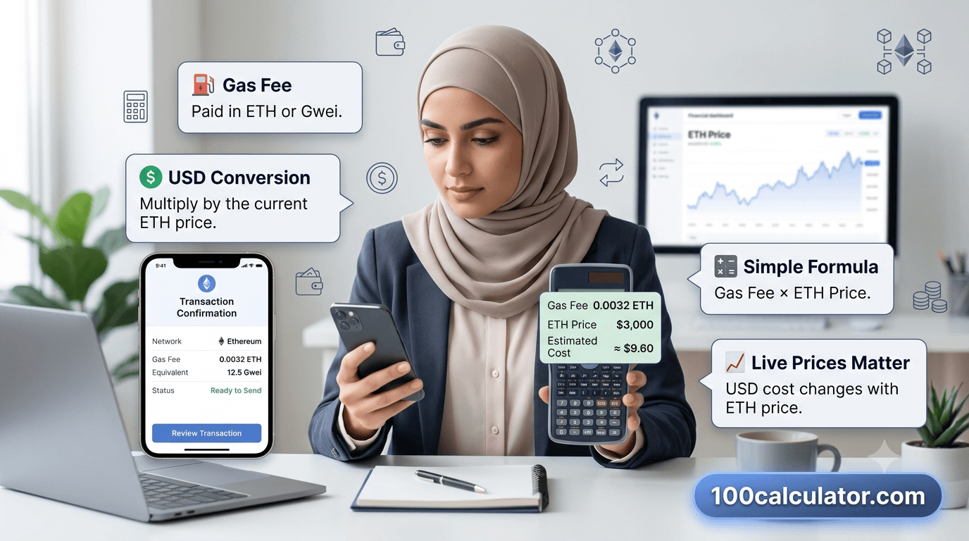 Ethereum wallet transaction screen showing a gas fee in ETH next to a calculator converting the fee into US dollars