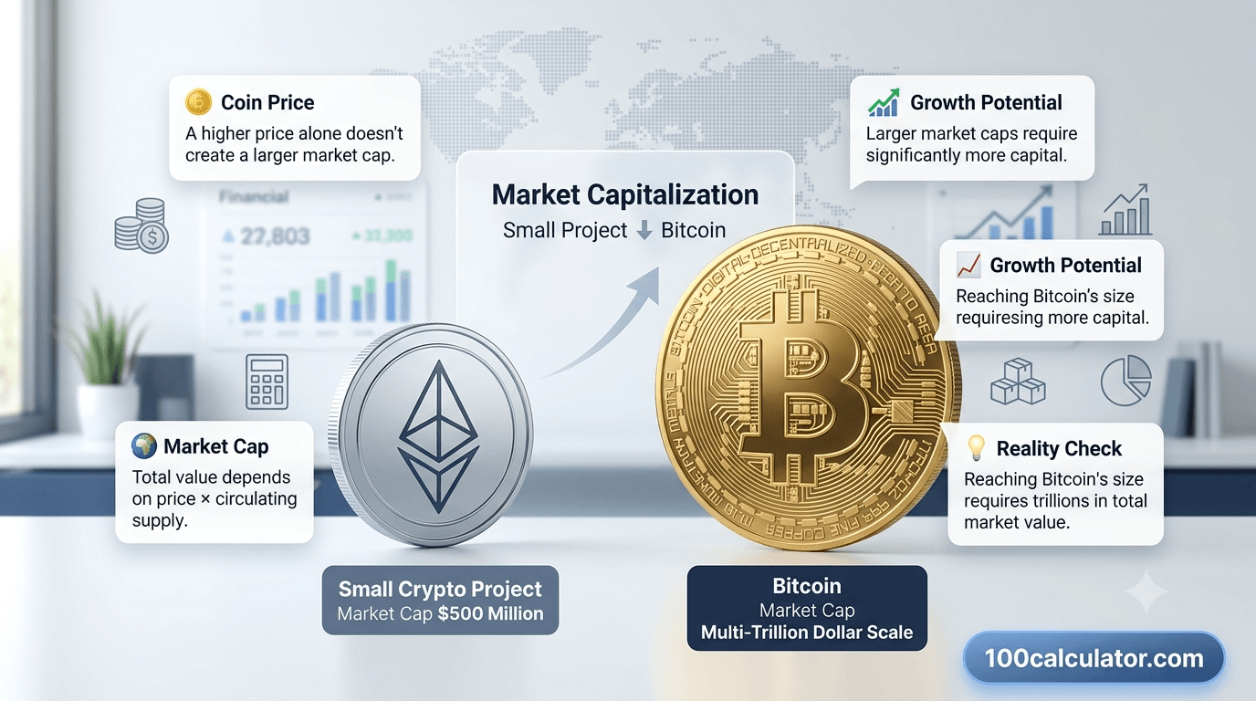 Small cryptocurrency coin illustrated beside a much larger Bitcoin coin representing the size gap in market capitalization