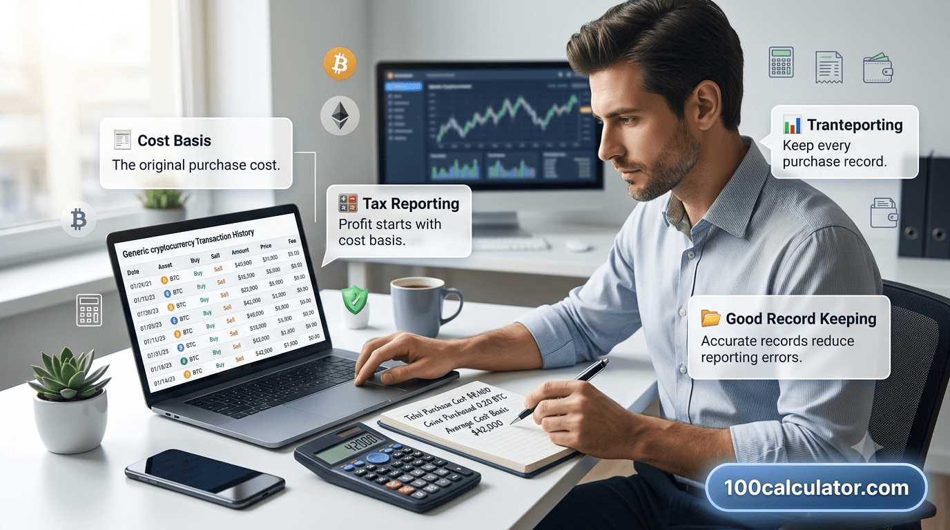 Person reviewing crypto exchange transaction history alongside a notepad and calculator to work out cost basis for tax reporting