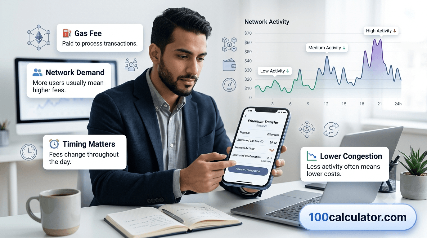 Person checking an Ethereum gas fee estimate on a phone wallet app, with a rising and falling fee chart in the background