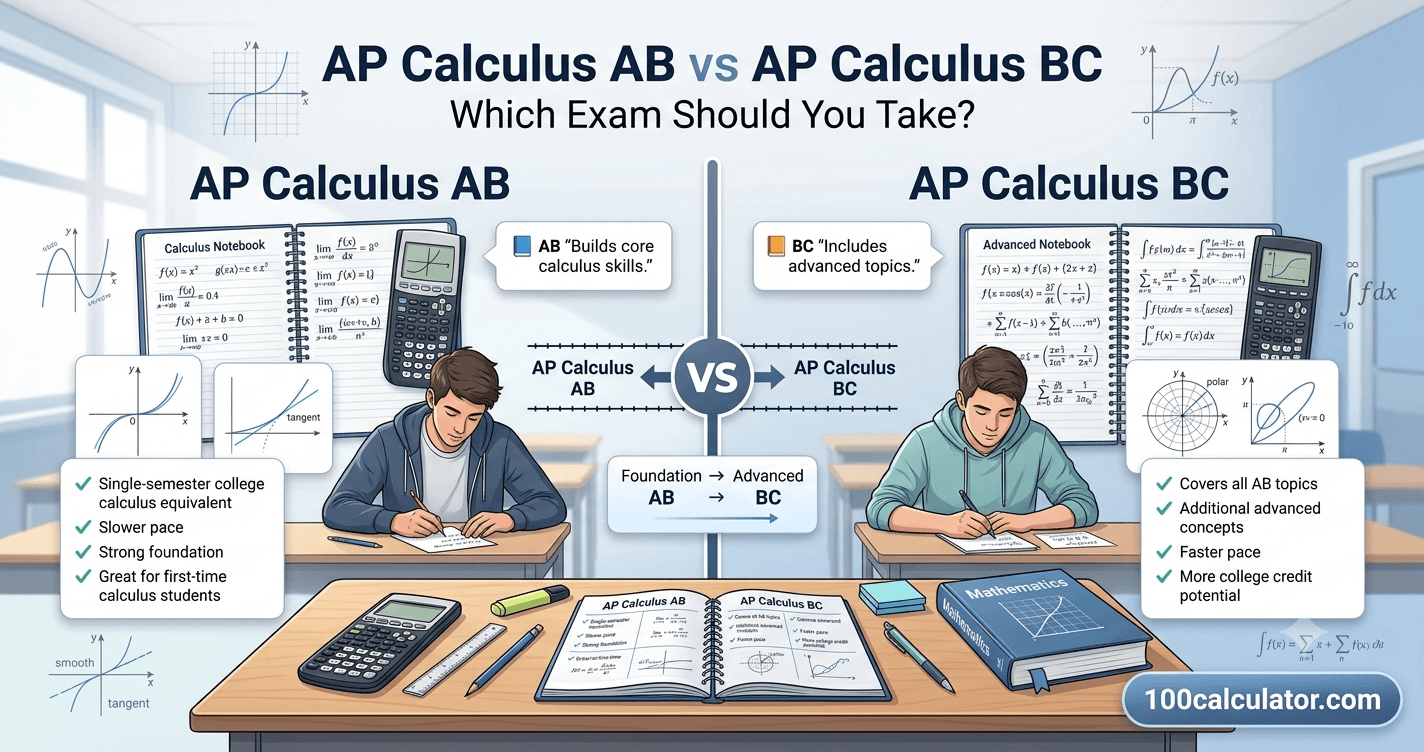 Student comparing AP Calculus AB and BC course paths with a graphing calculator and notebook