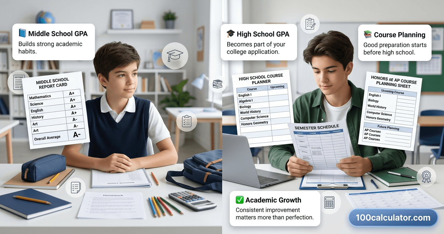 Middle school student reviewing a report card next to a high school course planning guide