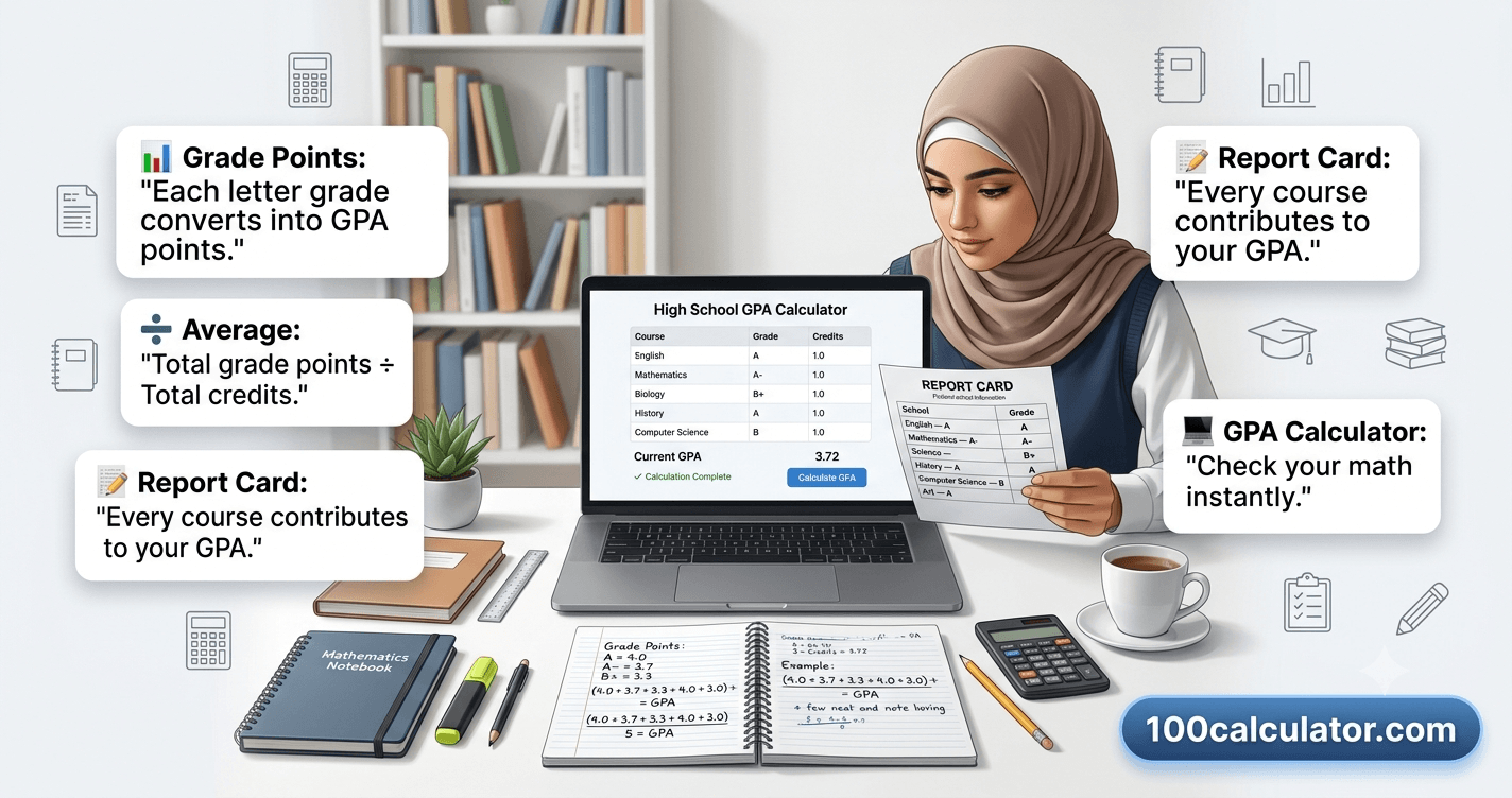 Student calculating their high school GPA using a printed report card and an online GPA calculator
