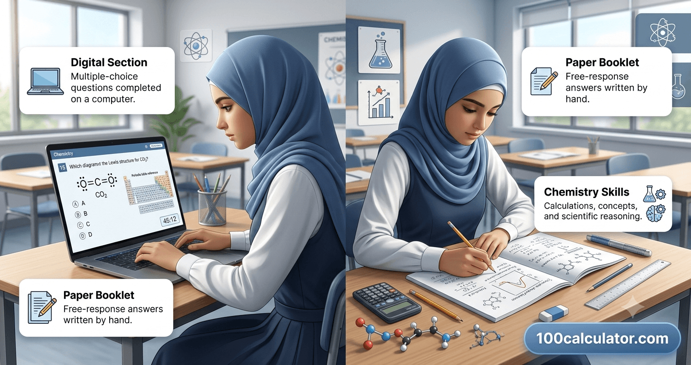 Student taking the AP Chemistry Exam, answering multiple-choice questions on a screen and writing free-response answers by hand in a paper booklet