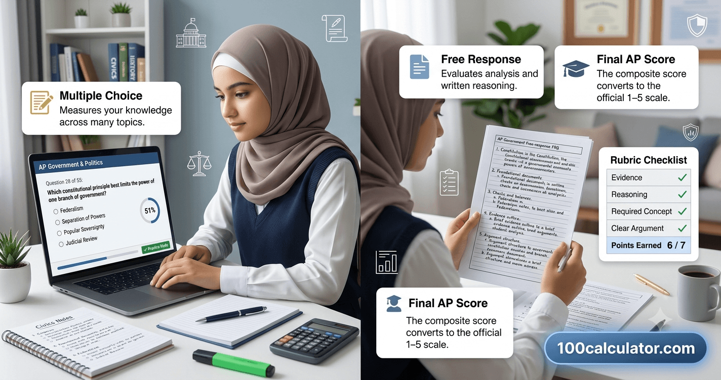 Split view of a student taking the AP Government and Politics exam, showing the multiple-choice and free-response sections