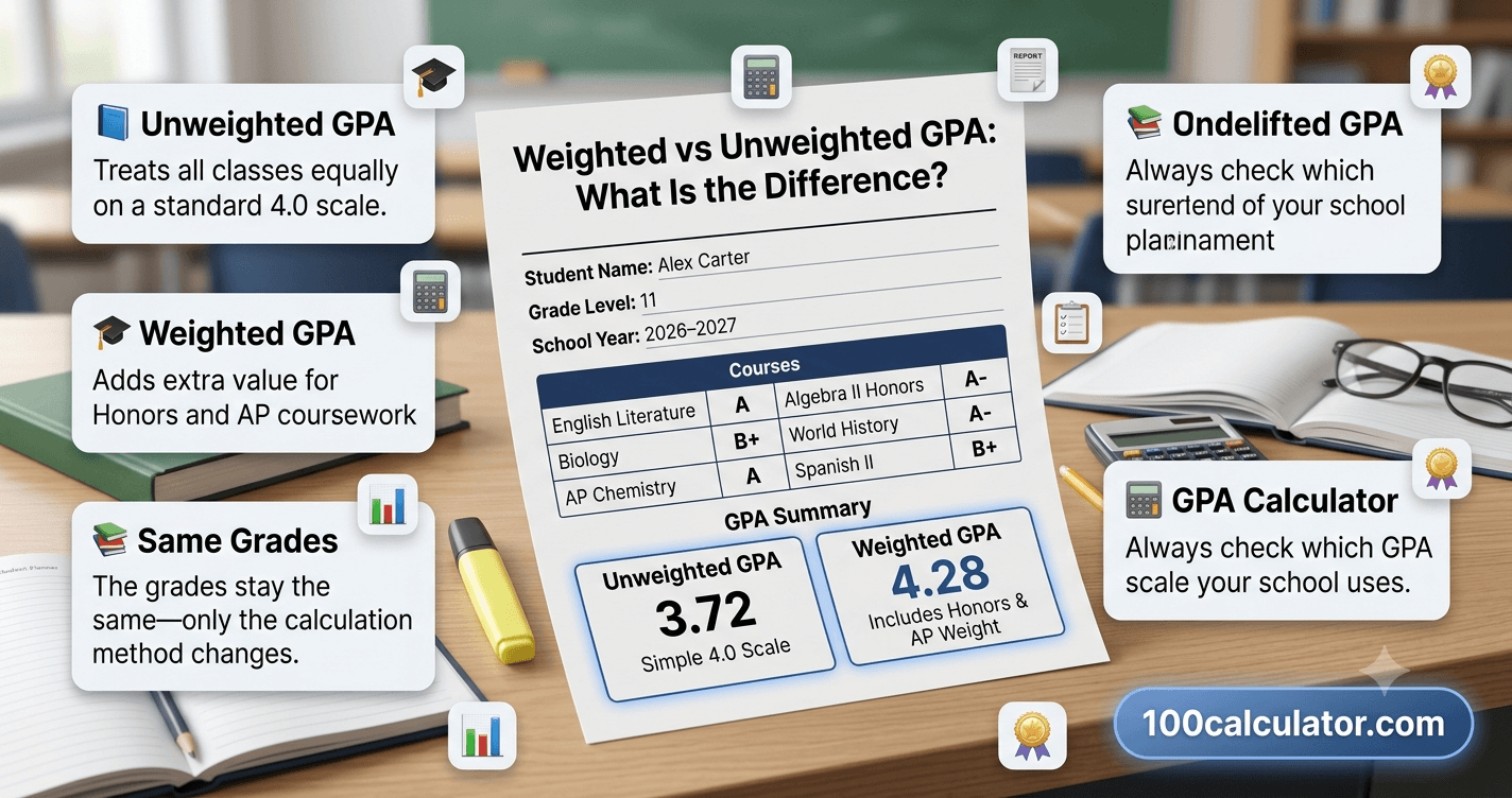 High school report card with weighted GPA and unweighted GPA numbers highlighted for comparison