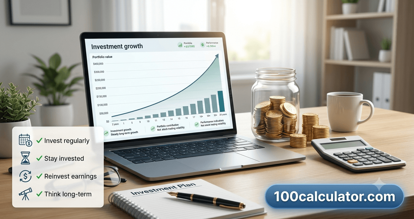 Line chart trending upward next to a jar of coins, representing steady long-term growth from compound interest