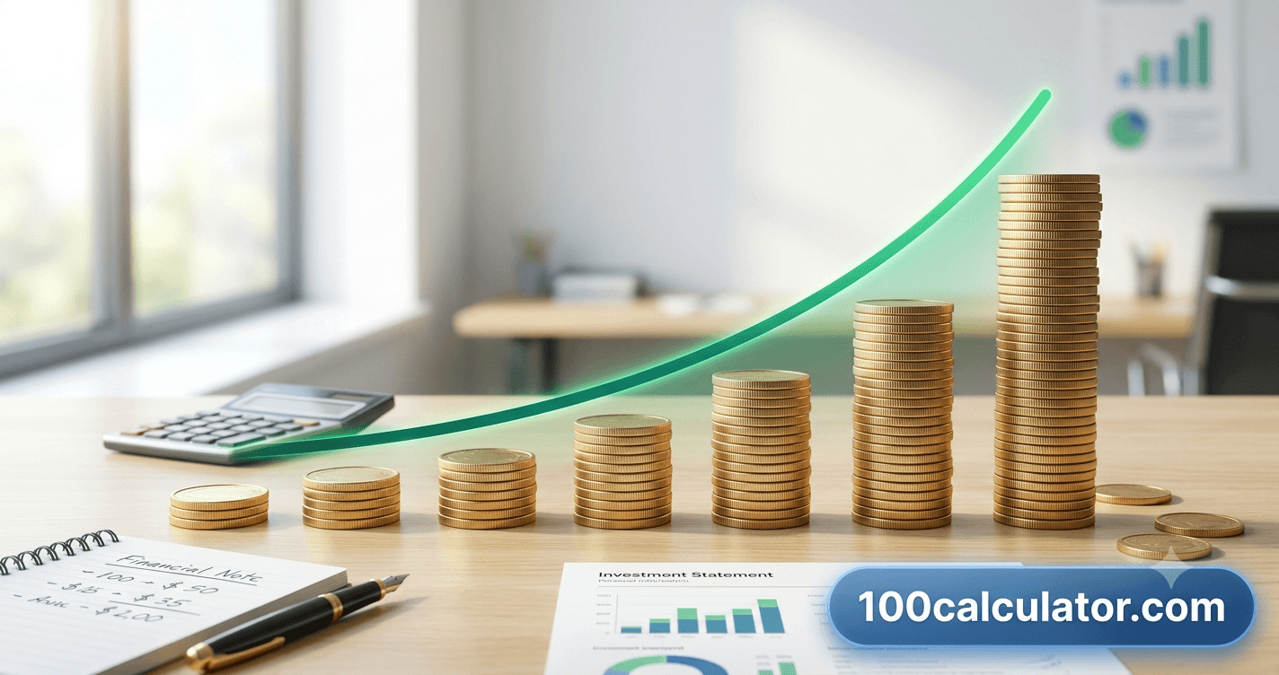 Coin stacks growing progressively taller with an upward-curving compound interest growth line, illustrating how money accelerates in growth over time