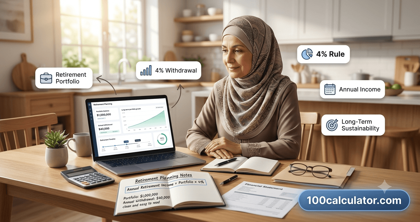 Retiree at a kitchen table reviewing a retirement withdrawal plan on a laptop, with a notepad and calculator nearby