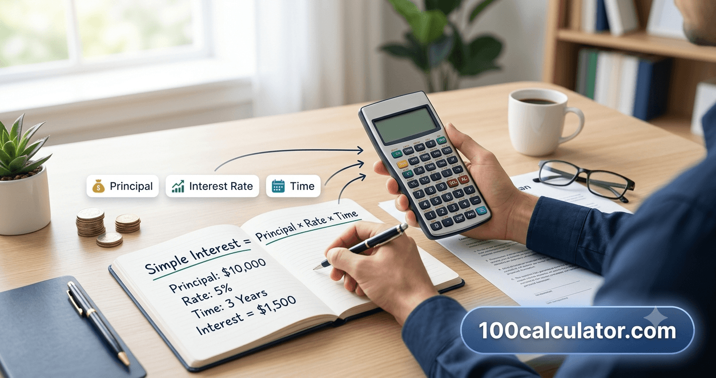 Person calculating simple interest on a loan using a calculator, notebook, and loan paperwork