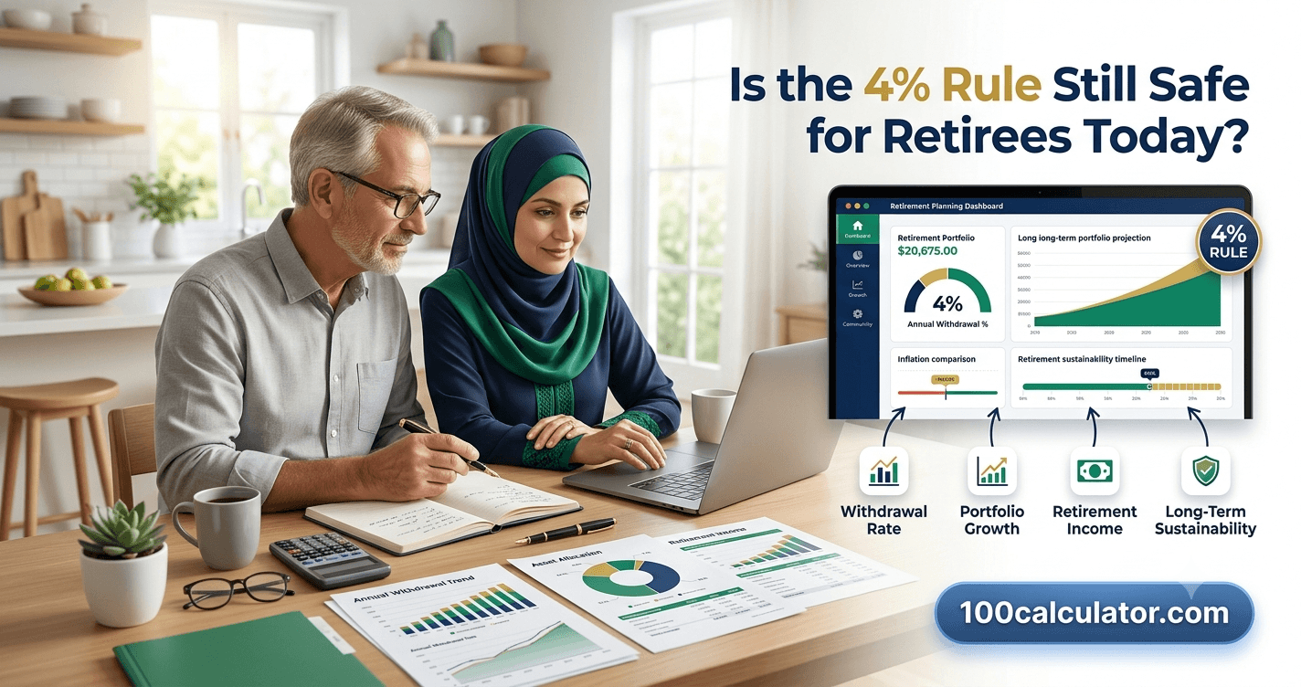 Retired couple reviewing retirement account statements and a withdrawal rate chart on a laptop at their kitchen table
