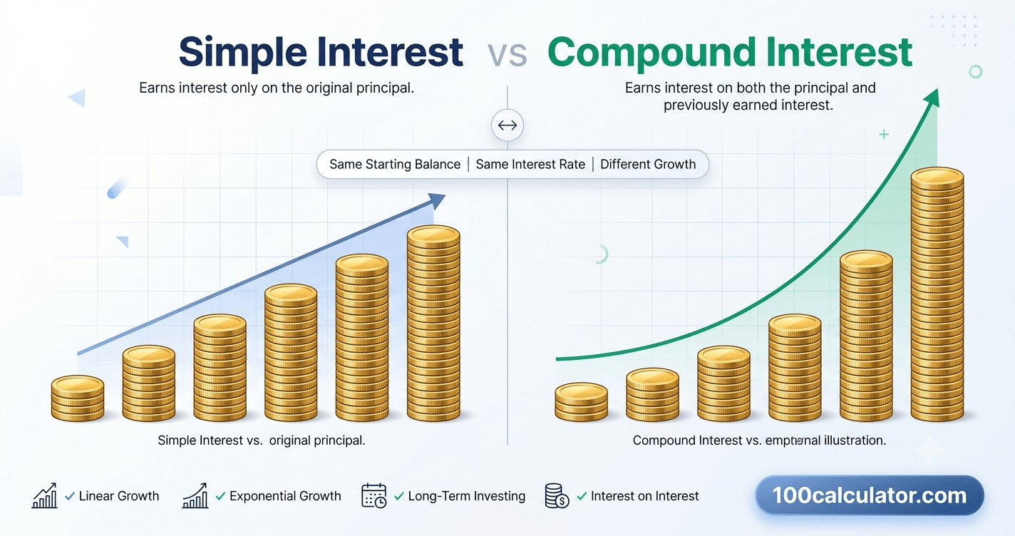 Illustration comparing simple interest balance growth as a straight line against compound interest balance growth as a curve