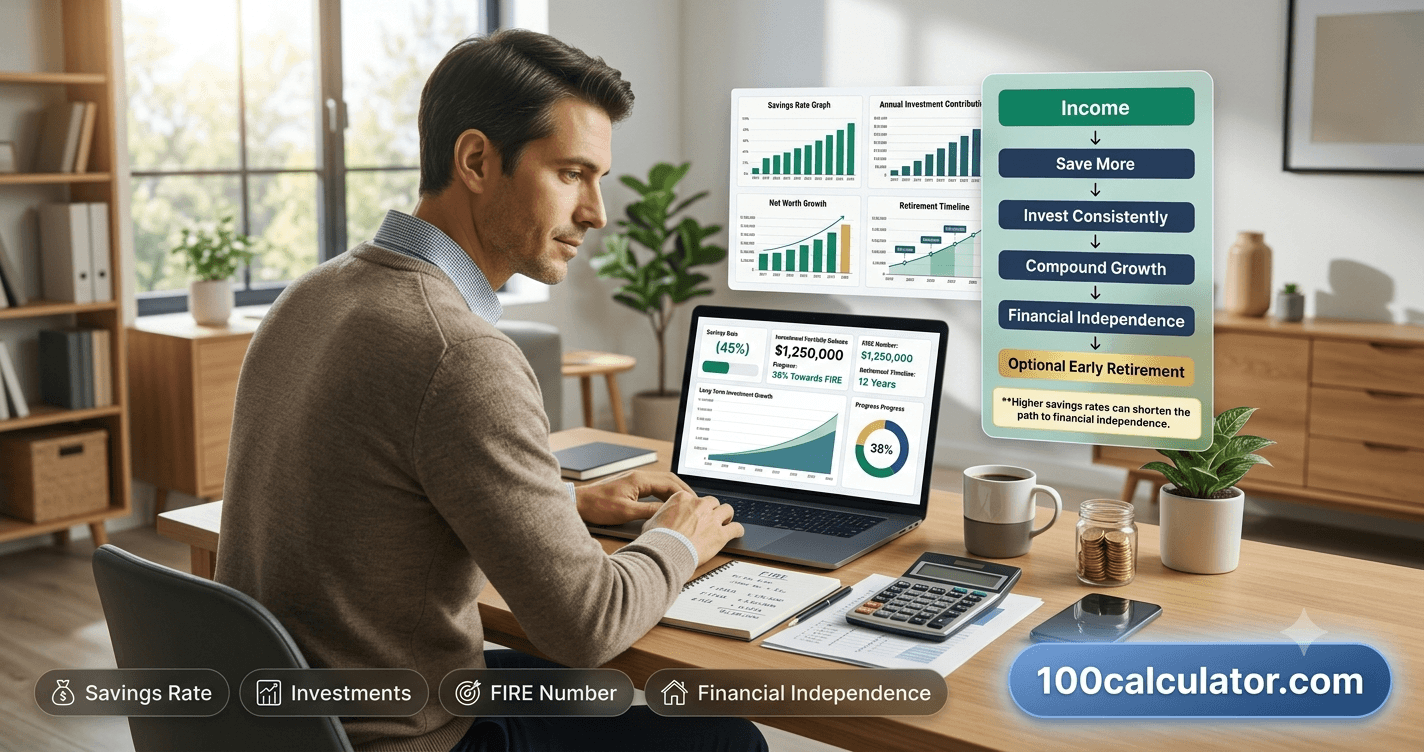 Person reviewing a savings rate and investment timeline on a laptop to plan for financial independence and early retirement