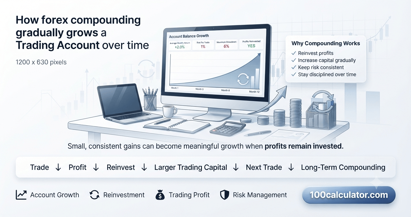 Forex trading screen showing an account balance chart compounding upward over several months