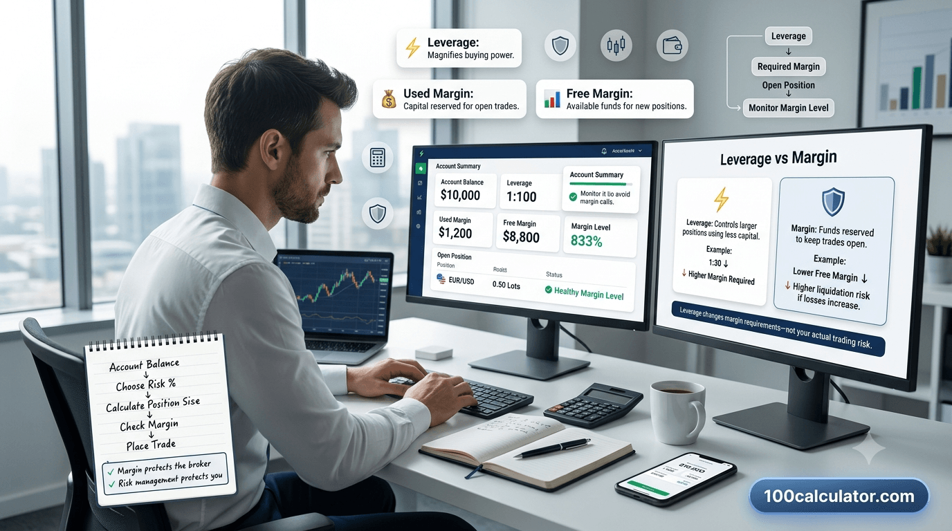 Forex trader reviewing margin level and leverage settings on a trading platform across two monitors