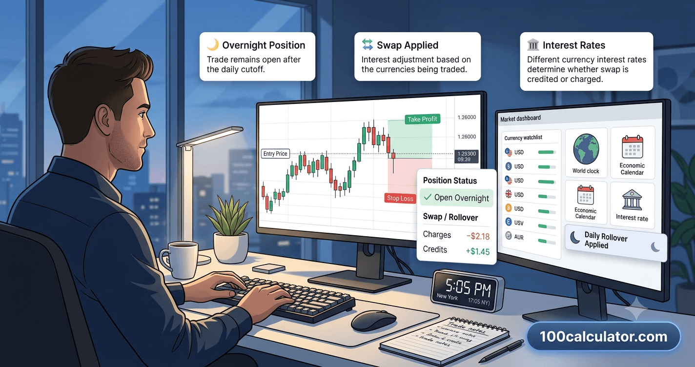 Forex trader reviewing overnight rollover and swap rates on a trading platform at night