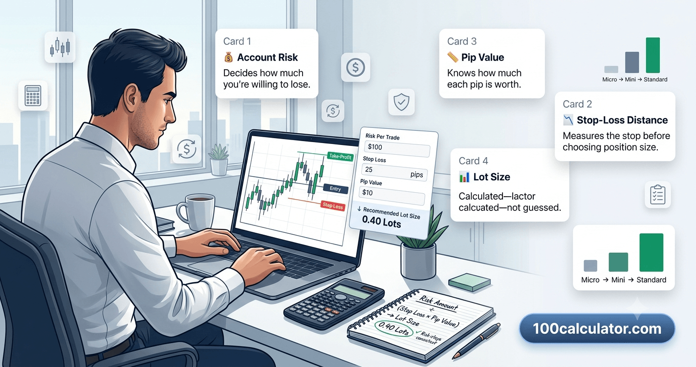 Trader at a laptop calculating forex lot size using account risk, stop-loss distance, and pip value