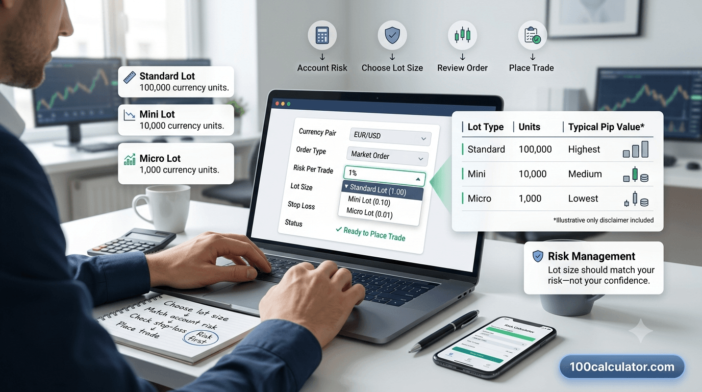 Trader comparing standard, mini, and micro forex lot sizes on a trading platform order panel